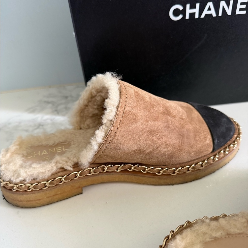 Chanel 2018 Interlocking CC Logo Sherling Mules Women's 36.5 6.5 Brown Black - Picture 9 of 16